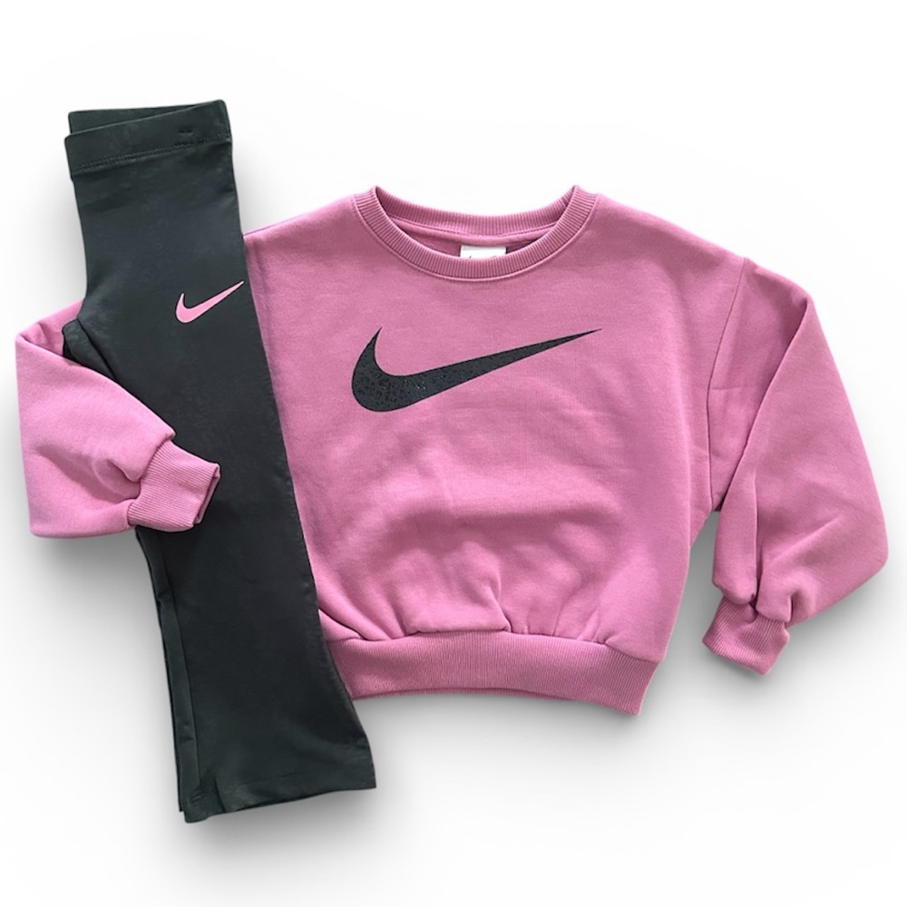 Nike Pink Crewneck Sweatshirt & Green Leopard Flare Pants Set Girls 4 NWT